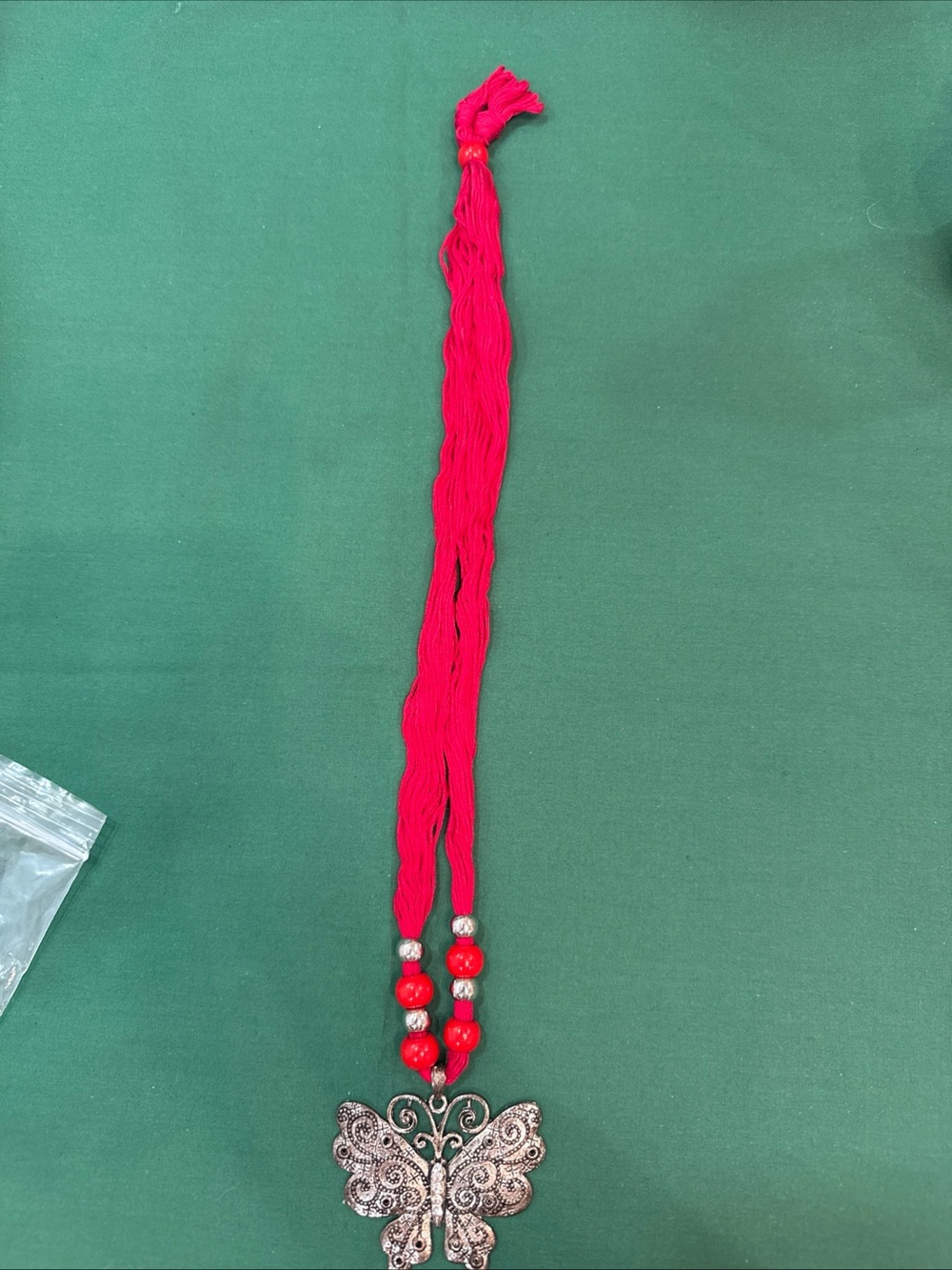 Red String Necklace With Red & Silver Beads  Butterfly  Pendant New #68A